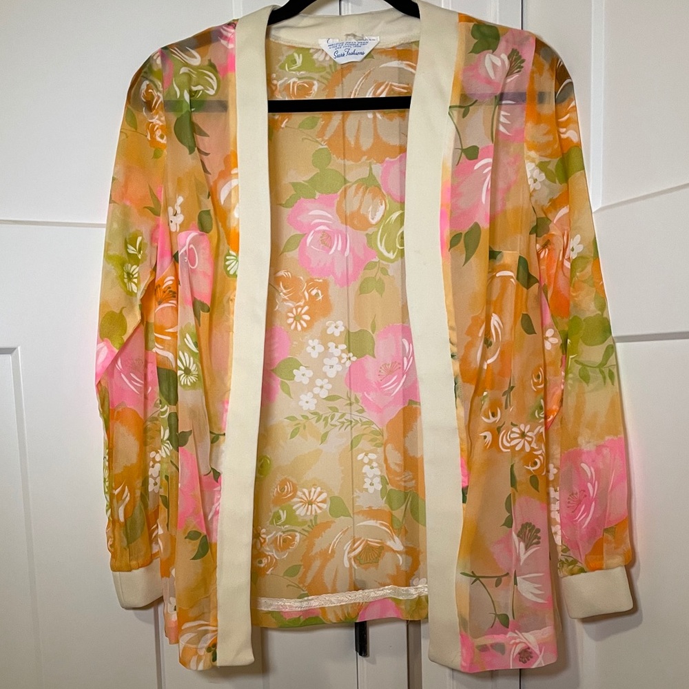 Vintage 70’s Sheer Yellow Floral Kaftan Cardigan